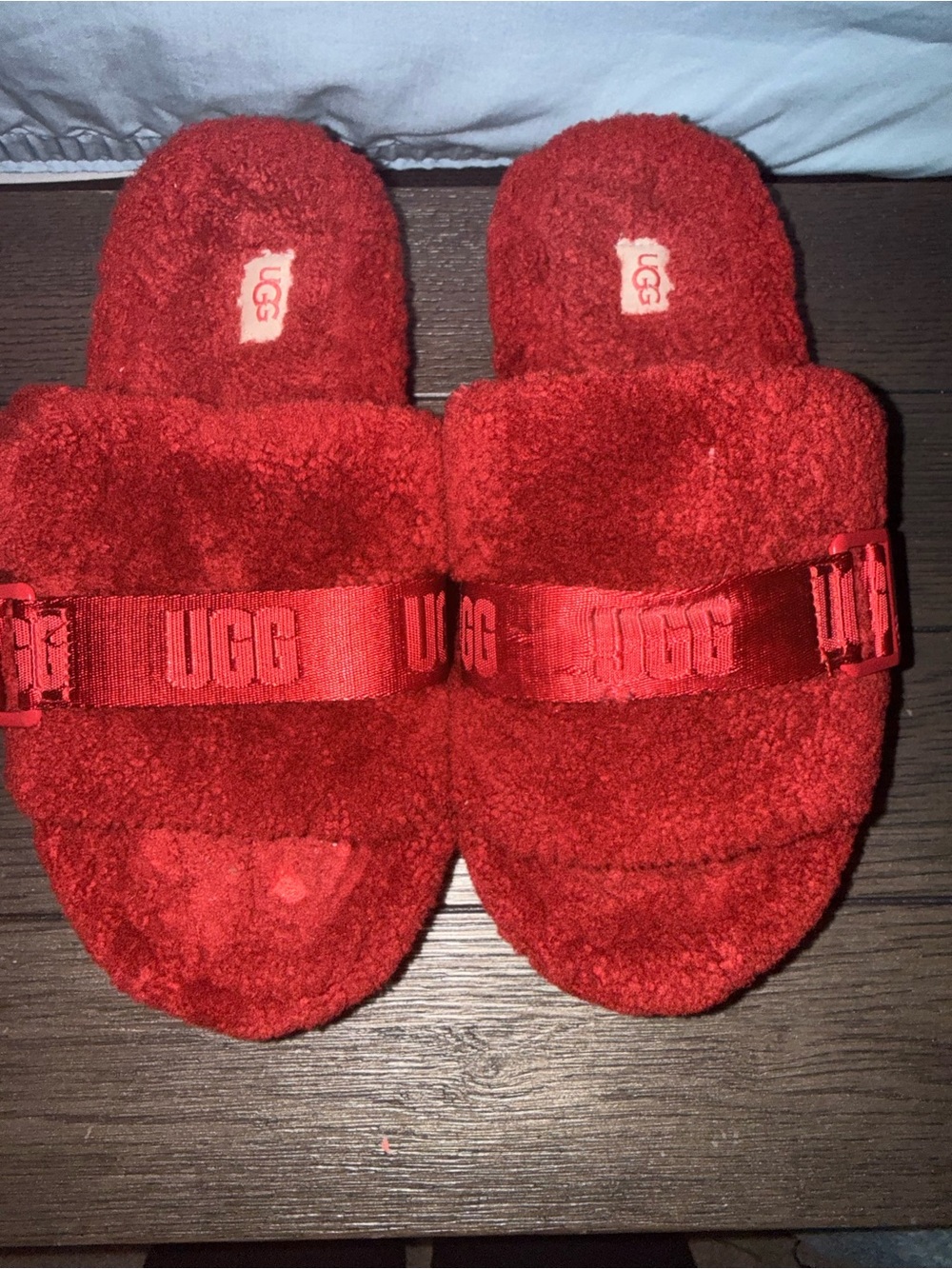 UGG Red Plush Slide Sandals with Branded Strap